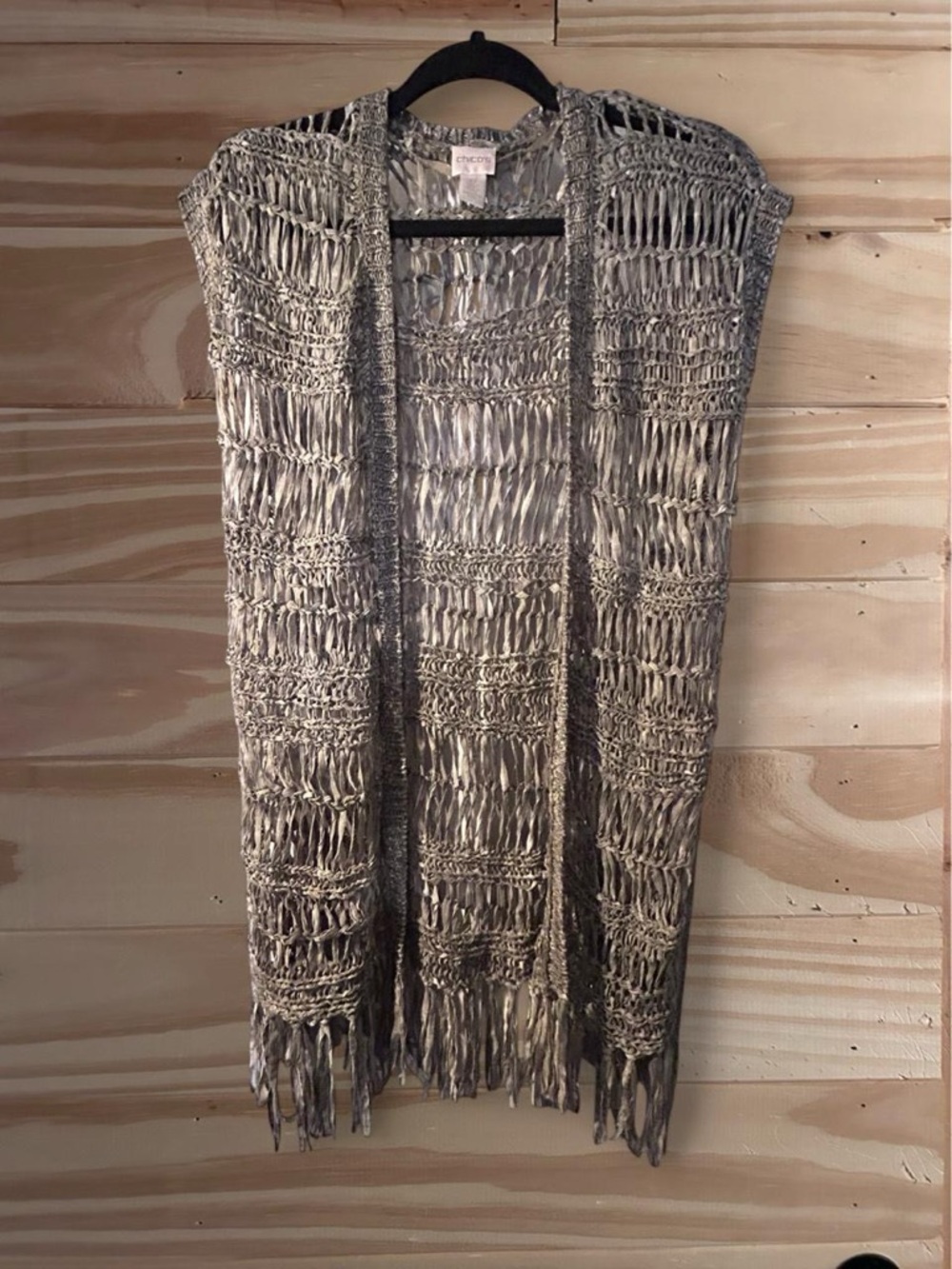 Women Chico's Flowy Boho Crochet Fringe Vest Size 0